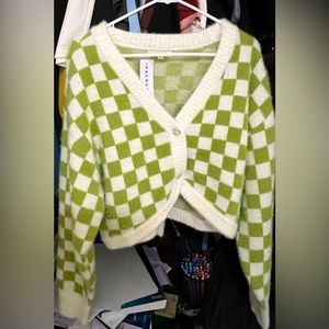 Pacsun L.A. Hearts Green Checkered Fuzzy Cardigan